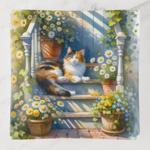 Calico Cat on Floral Porch Cottagecore Trinket Tray