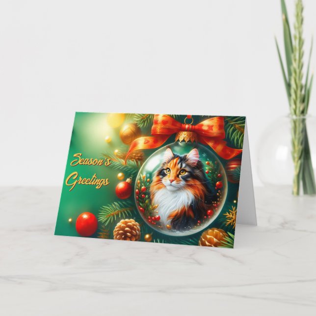 Calico Cat on Ornament Christmas Card (Front)