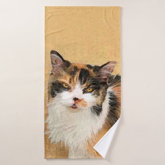 Calico Cat Painting - Cute Original Cat Art Bath Towel Set (Bath Towel)