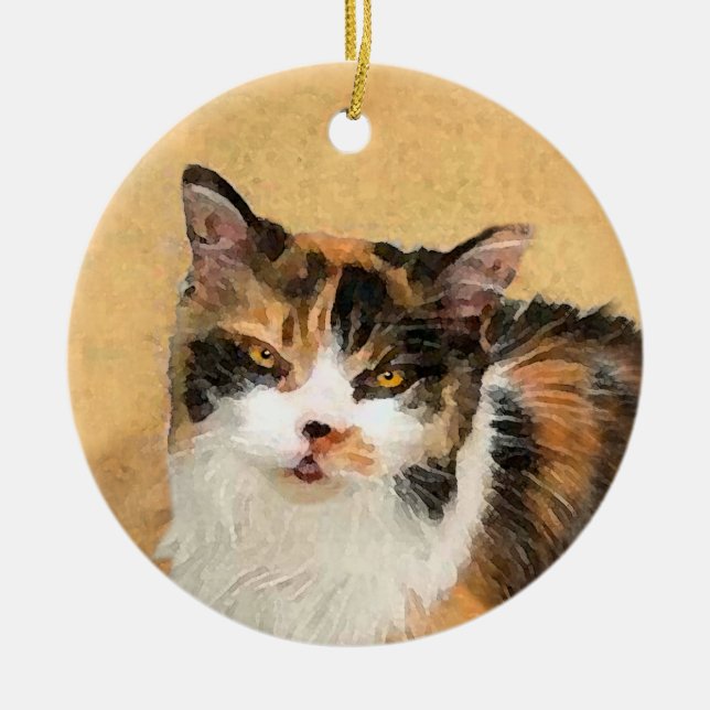 Calico Cat Painting - Cute Original Cat Art Ceramic Ornament (Front)