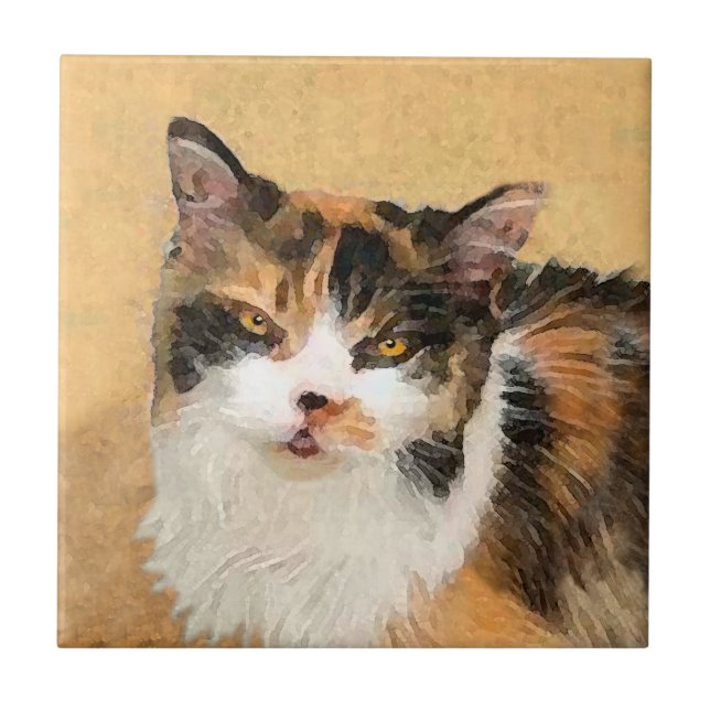 Calico Cat Painting - Cute Original Cat Art Ceramic Tile (Front)