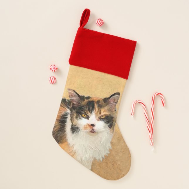 Calico Cat Painting - Cute Original Cat Art Christmas Stocking (Front)
