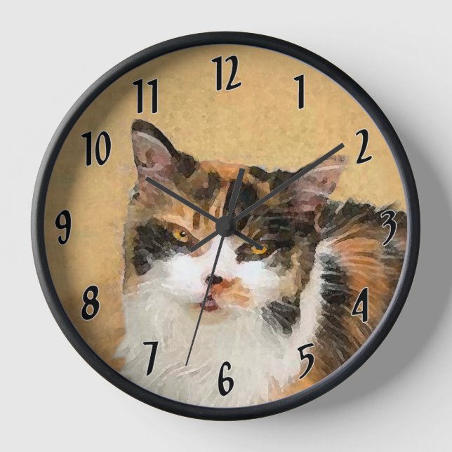 Calico Cat Painting - Cute Original Cat Art Clock (Front)