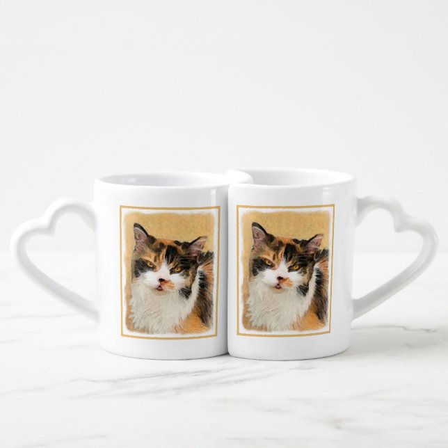 Calico Cat Painting - Cute Original Cat Art Coffee Mug Set (Front Nesting)