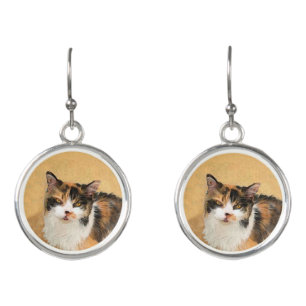 Calico Cat Painting - Cute Original Cat Art Earrings