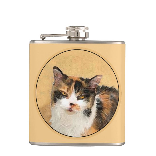 Calico Cat Painting - Cute Original Cat Art Flask (Front)