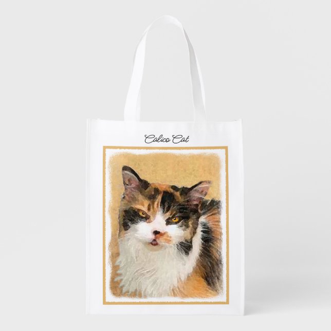 Calico Cat Painting - Cute Original Cat Art Grocer Grocery Bag (Front)
