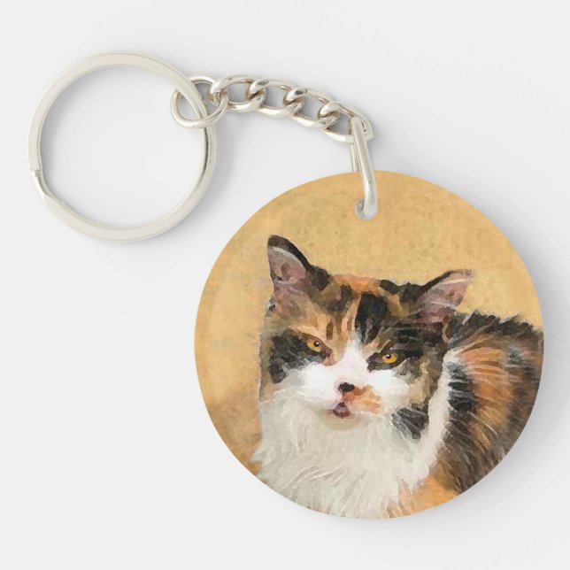 Calico Cat Painting - Cute Original Cat Art Keychain (Front)