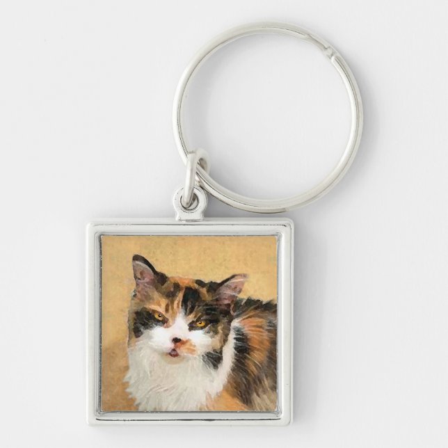 Calico Cat Painting - Cute Original Cat Art Keychain (Front)