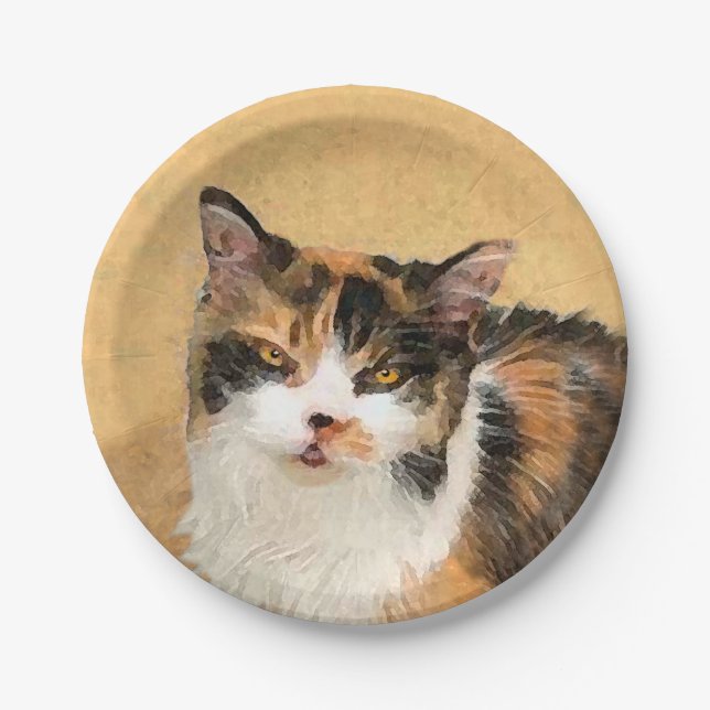 Calico Cat Painting - Cute Original Cat Art Paper Plates (Front)