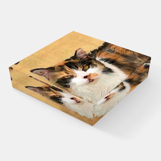 Calico Cat Painting - Cute Original Cat Art Paperweight (Angled)
