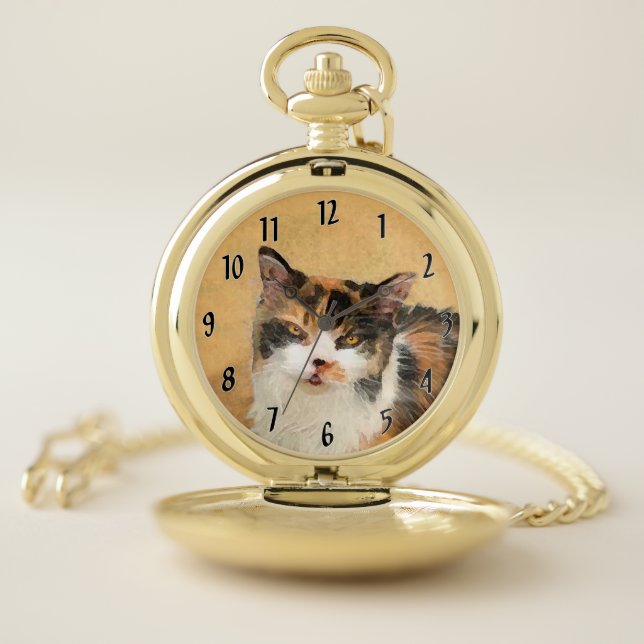 Calico Cat Painting - Cute Original Cat Art Pocket Watch (Inside)