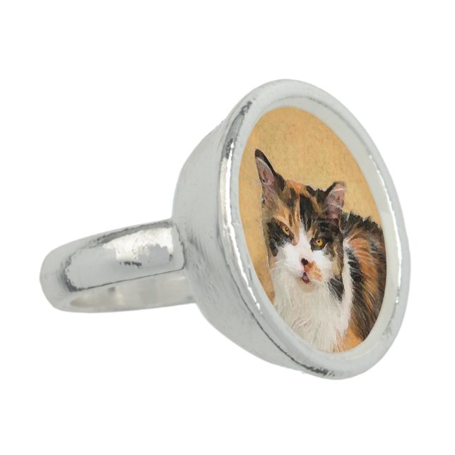 Calico Cat Painting - Cute Original Cat Art Ring (Side)