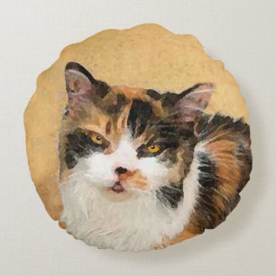 Calico Cat Painting - Cute Original Cat Art Round Pillow
