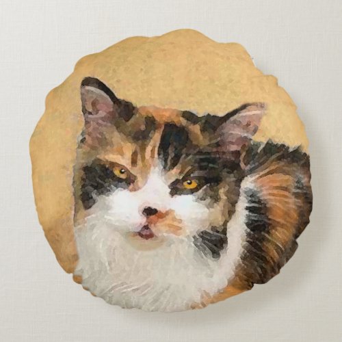 Calico Cat Painting _ Cute Original Cat Art Round Pillow
