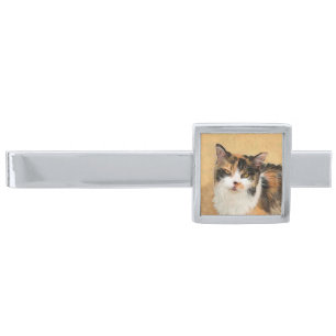 Calico Cat Painting - Cute Original Cat Art Silver Finish Tie Bar