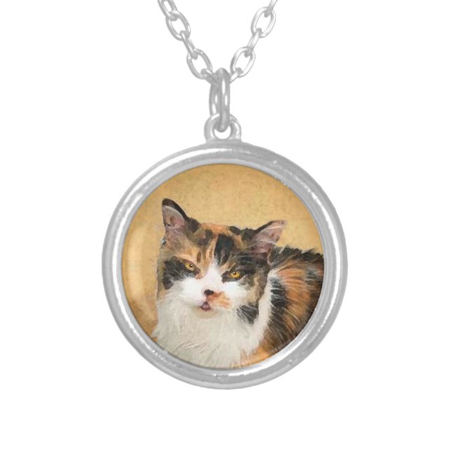 Calico Cat Painting - Cute Original Cat Art Silver Plated Necklace (Front)