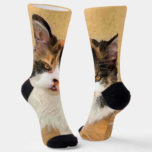 Calico Cat Painting - Cute Original Cat Art Socks (Angled)
