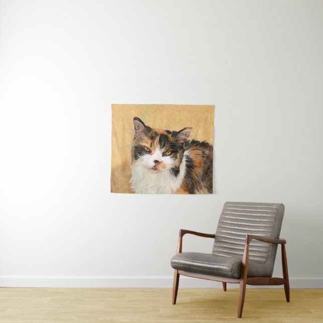 Calico Cat Painting - Cute Original Cat Art Tapestry (In Situ (Horizontal))