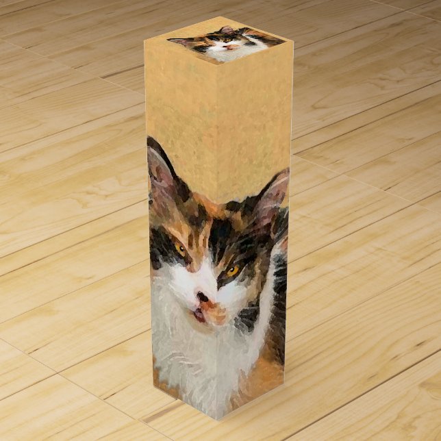 Calico Cat Painting - Cute Original Cat Art Wine Box (Front)