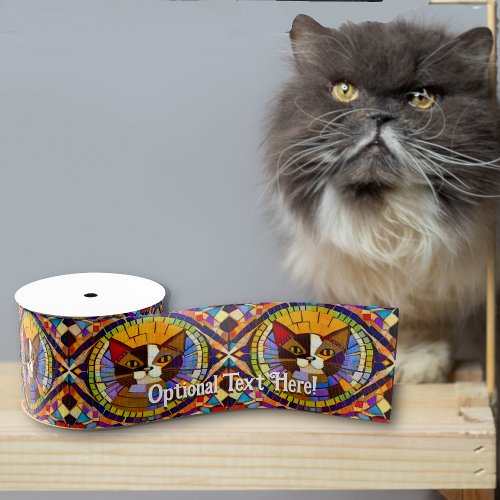 Calico Cat Portrait Mosaic _ Optional Name  Text Grosgrain Ribbon