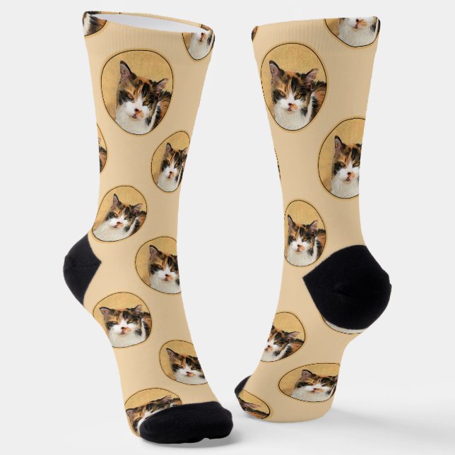 Calico Cat Portrait Painting Cute Original Art Socks (Angled)
