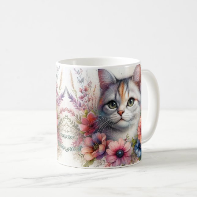 Calico Cat Portrait with Flowers   Coffee Mug (Front Right)
