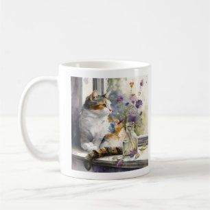 Calico Cat Purple Flowers Window Sunlight Coffee Mug