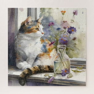 Calico Cat Purple Flowers Window Sunlight Jigsaw Puzzle
