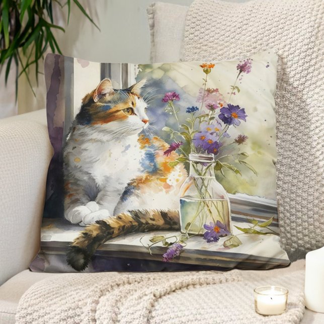 Calico Cat Purple Flowers Window Sunlight  Throw Pillow (Pillow with a watercolor painting of a cat sitting in a window.)