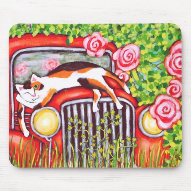 Calico Cat, Roses & Old Car  Art Mousepad (Front)