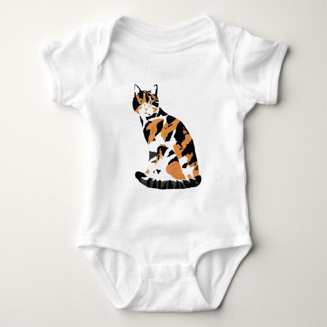 Calico cat sitting baby bodysuit (Front)