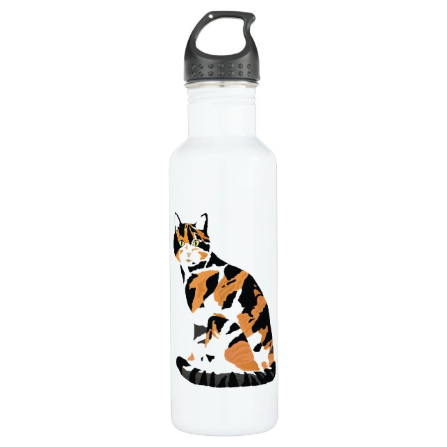 Calico cat sitting stainless steel water bottle (Front)