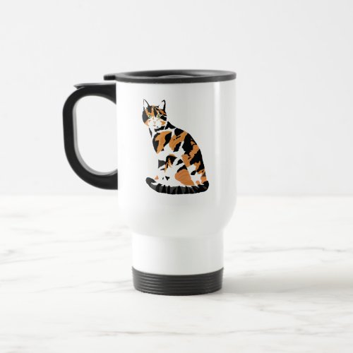 Calico cat sitting travel mug