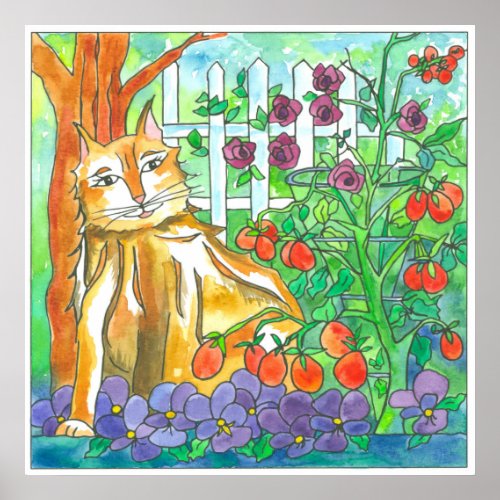 Calico Cat Tomato Garden Watercolor Painting Poster