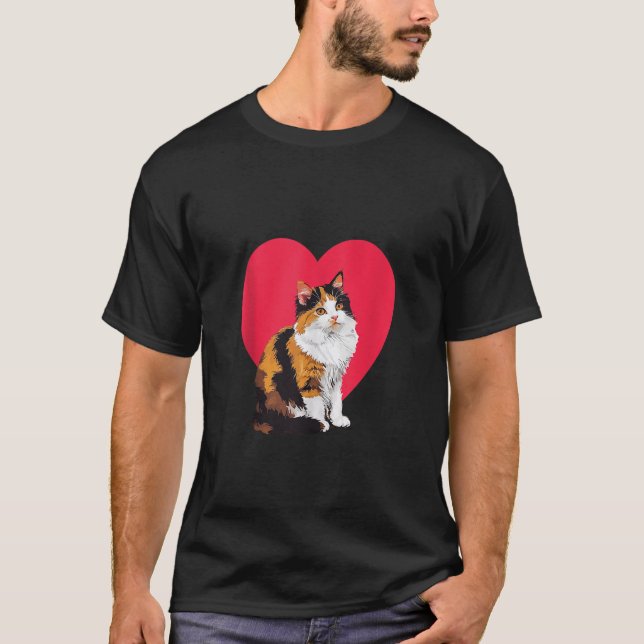 Calico Cat Valentines Day Red Heart Love Mom Dad T T-Shirt (Front)