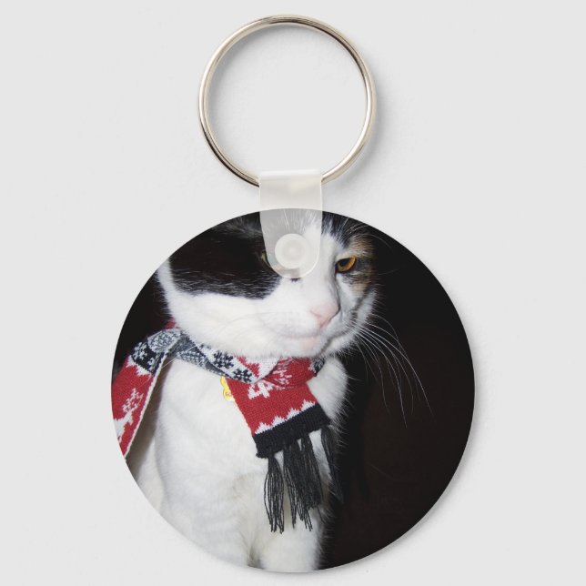 Calico Cat Wearing Scarf Holiday Keychain (Front)