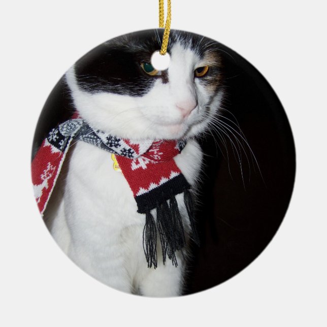 Calico Cat Wearing Scarf Holiday Ornament (Front)