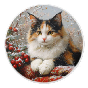 Calico Cat Winter Scene Painting Ceramic Knob