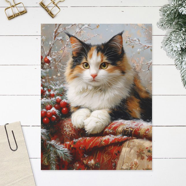 Calico Cat Winter Scene Painting Postcard (Creator Uploaded)