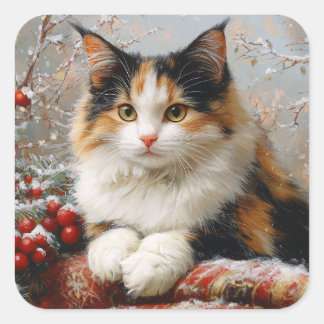 Calico Cat Winter Scene Painting Square Sticker