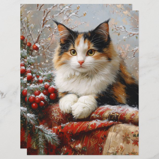 Calico Cat Winter Scene Scrapbook Paper (Front/Back)