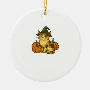 Calico Cat Witch with Pumpkins Halloween Design Cl Ceramic Ornament
