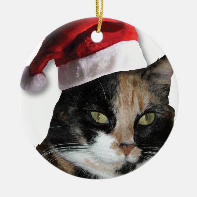 Calico Cat with a Santa Claus Hat Ceramic Ornament (Front)