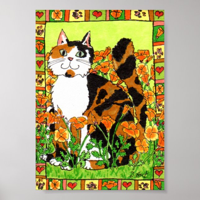 Calico Cat with California Poppies Folk Art Poster (Front)
