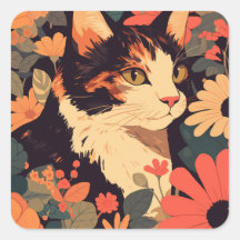 Calico Cat with Flowers Japanese Aesthetic