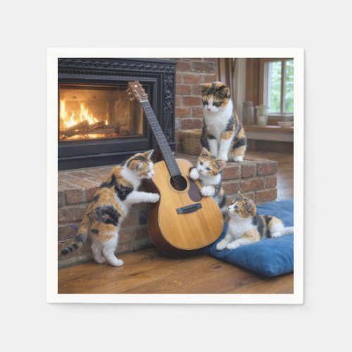 Calico Cat with Kittens and Guitar Napkins