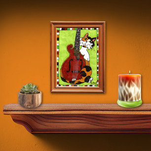 Calico Cat with Mandolin Mini Folk Art Poster