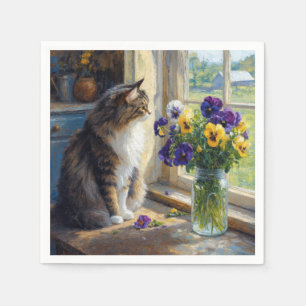 Calico Cat with Pansy Bouquet by Farmhouse Window Napkins