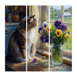 Calico Cat with Pansy Bouquet by Farmhouse Window Triptych